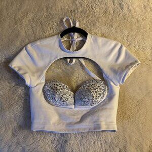 AREA CUTOUT T-SHIRT WITH CRYSTAL EMBELLISHED BUSTIER, WHITE, SIZE SMALL